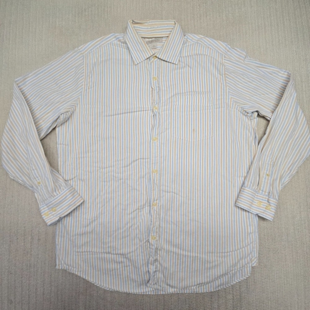 Banana Republic Shirt Mens XL White Blue Beige Striped Button Up Down Dress